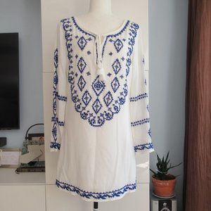 Lulus Womens Sz. S Long Sleeve Embroidered Tie Neck Boho Mini Dress White Blue